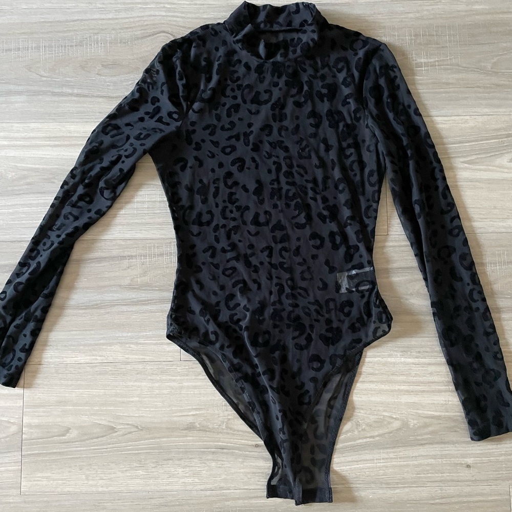 SHEIN Mock Neck Leopard Mesh Sheer Bodysuit, XS